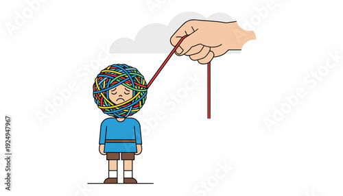 Child with tangled mind controlled by external force.