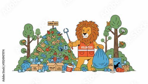 Lion wearing safety vest holding wrench and trash bag next to large pile of garbage.