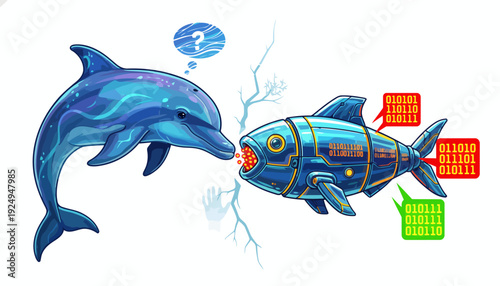 Dolphin and Robotic Fish Communicating with Binary Code.