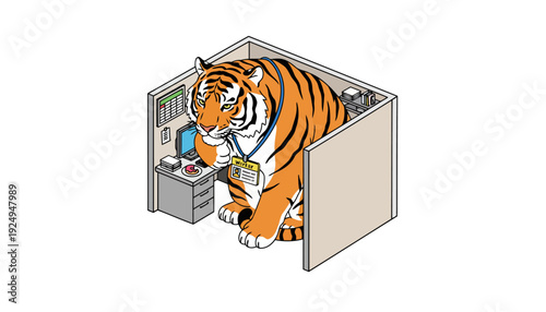 Tiger working diligently in a small office cubicle.