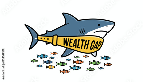 Conceptual illustration of a shark representing wealth disparity among small fish.
