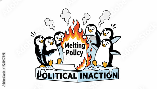 Penguins Melting Policy Political Inaction Global Warming Climate Change.