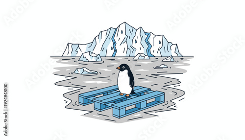 Penguin Standing on Blue Pallets in Icy Water with Icebergs.