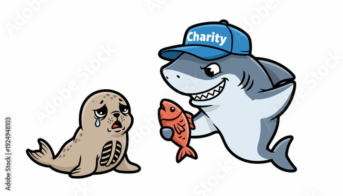 Friendly Shark Wearing Charity Hat Giving Fish to Crying Seal.