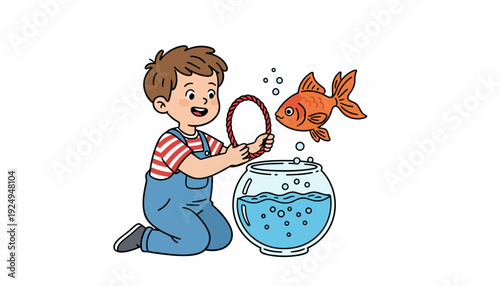 Young boy playing with a goldfish in a bowl.