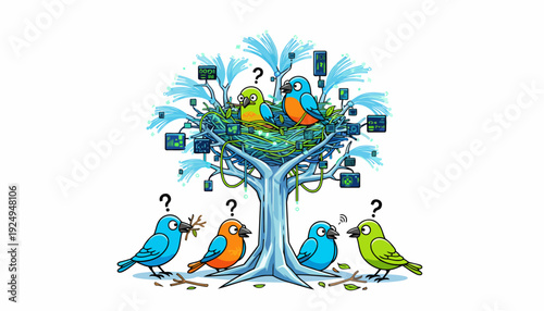 Colorful Birds Perched on a Stylized Tree with Question Marks.