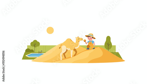 Desert adventure with a camel and a person exploring sandy dunes.