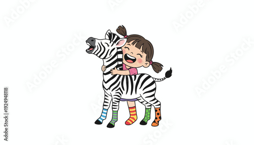 Happy Child Hugging Zebra with Colorful Socks Illustration.