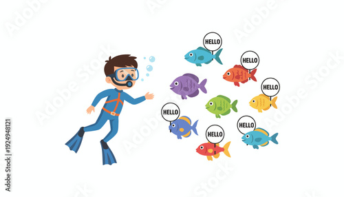 Young Diver Exploring Underwater World with Colorful Fish.