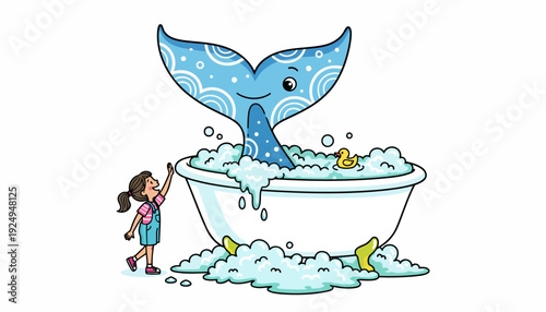 Happy Whale Tail in Bubble Bath with Small Girl.