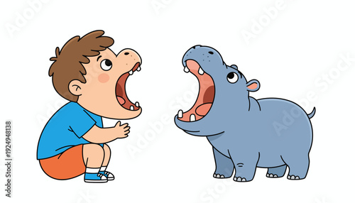 Illustration of a boy and a hippopotamus with wide open mouths.