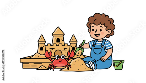 Happy Child Building Sandcastle with Crab on Beach.