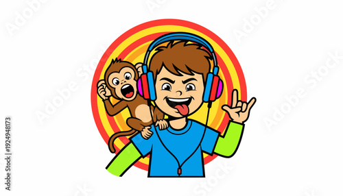 Young Boy with Headphones and Monkey on Shoulder Rocking Out.
