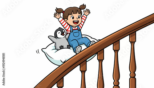 Joyful young girl sliding down staircase railing with toy penguin on pillow.