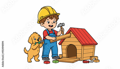 Little Boy Building Dog House with Puppy Friend.
