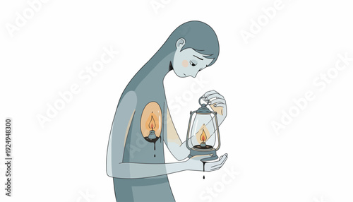 Woman Holding Lantern with Inner Light and Sad Expression.