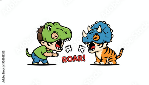 Two adorable cartoon characters in dinosaur and tiger costumes roaring playfully.