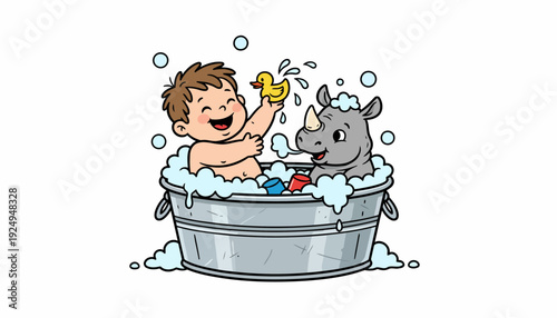 Happy Child and Baby Rhino Bathtime Fun with Bubbles and Rubber Duck.