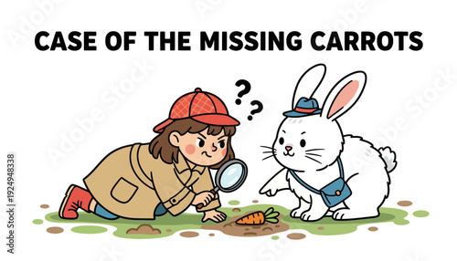 Cartoon Detective Investigating Missing Carrots with Rabbit Partner.