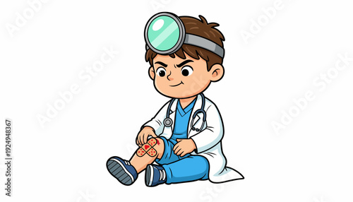 Young Doctor Examining Injured Knee of Patient with Medical Head Mirror.