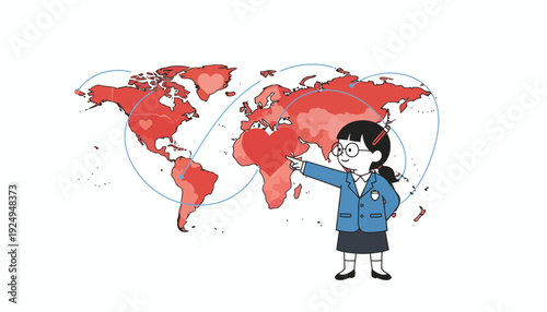 Young Girl Pointing at a World Map, Illustrating Global Connections and Geography.