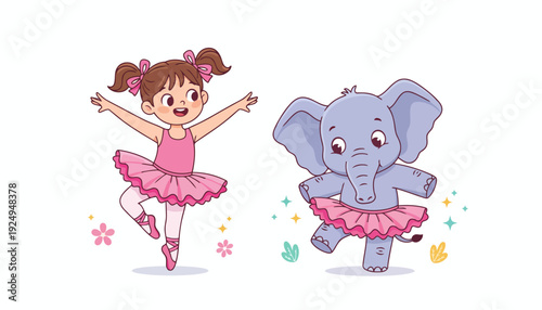 Cute Little Ballerina Girl and Adorable Baby Elephant Dancing Together.