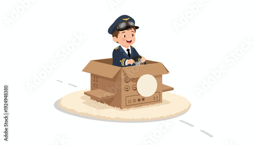 Young Boy Playing Pilot in Cardboard Box Imagination.