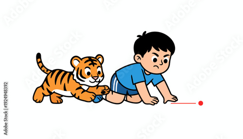 Young boy playing with a cute tiger cub on the floor.