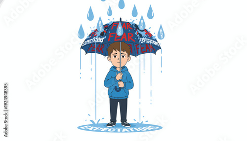 A young boy stands under an umbrella in the rain, looking sad and wet, with raindrops falling around him.