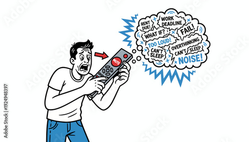Man struggling with overwhelming thoughts and stress represented by remote control.