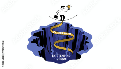 Businessman holding lightbulb walking tightrope over existential dread chasm.