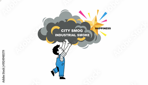 Person holding up a cloud of industrial smoke with city smog and happiness text.