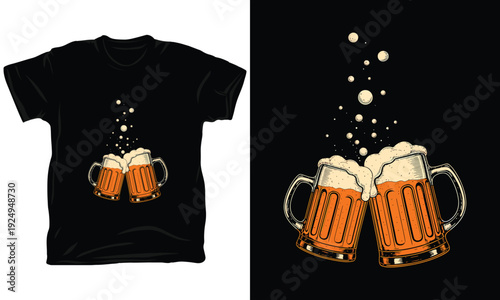 Two beer mugs clinking vector illustration with bubbles for party celebration tshirt design