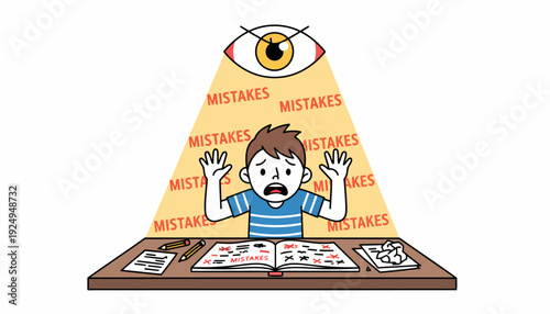 Young Boy Overwhelmed by Scrutiny and Mistakes During Study Session.