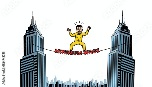 Man on a Tightrope Between Two Skyscrapers Representing Minimum Wage.