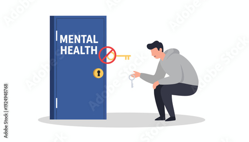 Man struggles to unlock mental health door with broken key.
