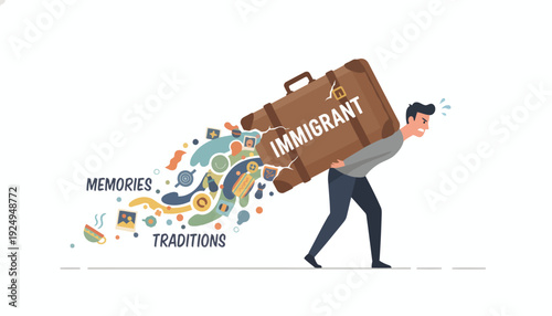 Man carrying heavy suitcase with immigrant memories and traditions.