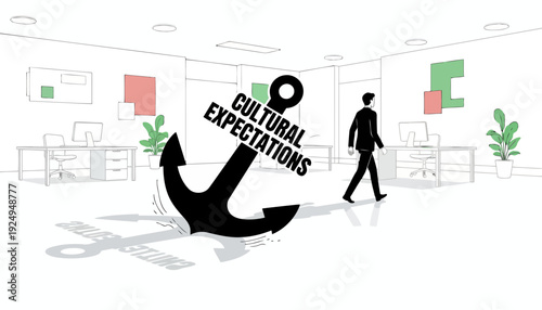 Man walking past a large anchor representing cultural expectations.