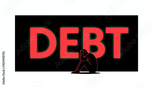 Silhouette of a Person Sitting in Despair with the Word DEBT.