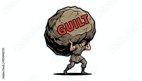 Man Carrying Heavy Guilt Stone Burden on Shoulders.