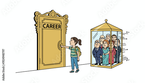 Young Girl Faces Career Door Opportunity with People Trapped Behind Glass.