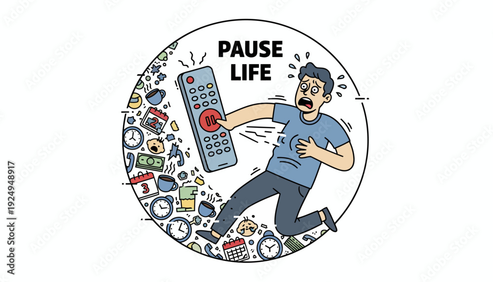 Fototapeta premium Man frantically pressing pause button on remote control to stop overwhelming life.
