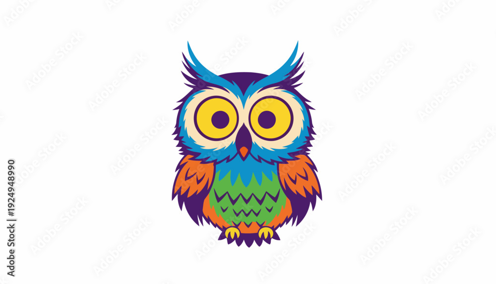 Fototapeta premium Colorful Owl Illustration with Vibrant Feathers and Large Eyes.