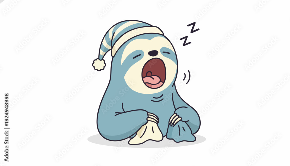 Fototapeta premium Cute Cartoon Sloth Yawning and Sleeping in a Nightcap.