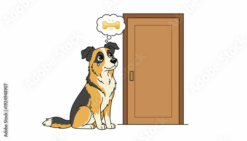 Cute Dog Imagining Bone Next to a Door.