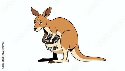 Sad Cartoon Kangaroo Holding Empty Pouch Looking Down.