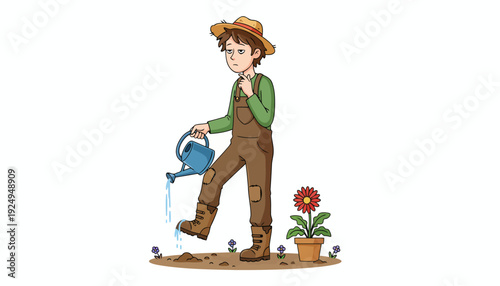 Young Male Gardener Watering Plants with a Watering Can.