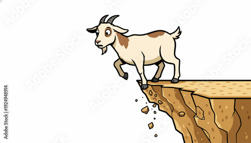 Cartoon Goat Standing Precariously on Edge of Cliff Illustrated.