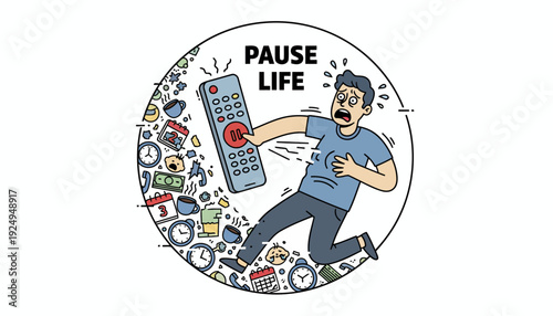Man frantically pressing pause button on remote control to stop overwhelming life.