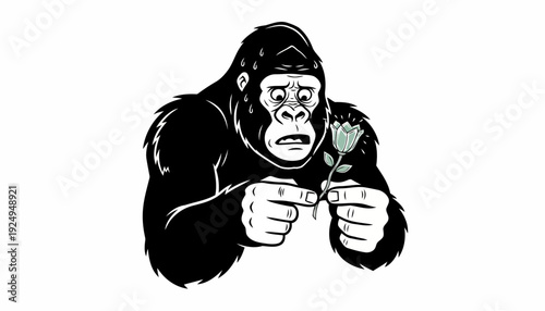 Sad Gorilla Holding Delicate Flower in Thoughtful Contemplation.